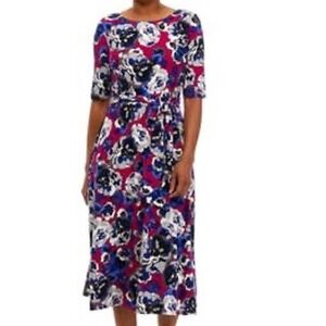 Kasper Floral Tie Waist Midi Dress Size 6 Pink‎ Blue Gray Career Casual Feminine